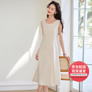 凡琴亮絲收腰a字連衣裙高腰不對(duì)稱無(wú)袖中長(zhǎng)裙夏 452LI1673 淺杏色  L 