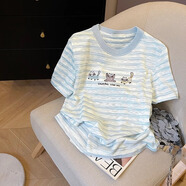 LDBE撞色條紋貓咪刺繡正肩短袖t恤女2025新款夏季寬松慵懶風半袖上衣 藍條紋 S 【80-100斤】