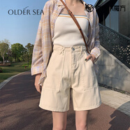 OLDER SEA五分褲女寬松2025夏新款韓版直筒高腰a字短褲港味闊腿牛仔中褲潮 米白色 XL 【115-124斤】