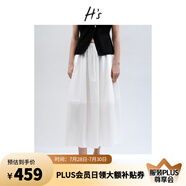H's高支高密全棉半身裙女25夏新款A(yù)字傘裙抽繩松緊腰通勤花苞腰裙 本白 L