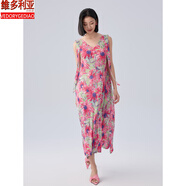 維多利亞的格調(diào)三宅褶衣2025夏季新款日韓休閑風(fēng)連衣裙v領(lǐng)彩繪印花綁帶a字裙 紅花 均碼