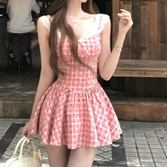 錦倩甜美設(shè)計(jì)感格紋連衣裙女夏季蕾絲收腰V領(lǐng)蝴蝶結(jié) 粉格連衣裙 L