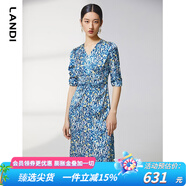 藍地（LANDI）商場同款夏季新款腰部抽褶碎花印花短袖連衣裙女 淺藍色 S