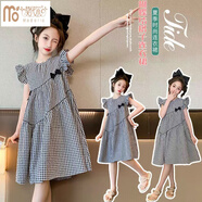 莫代爾女童連衣裙2025新款女孩洋氣格子裙子兒童可愛(ài)公主裙大童飛袖裙子 飛袖黑白格連衣裙 160 建議身高150cm 10-12歲