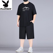 花花公子（PLAYBOY）冰絲速干運(yùn)動(dòng)套裝男大碼短袖t恤夏季寬松加肥加大男裝短褲兩件套 黑色-C050-套裝 2XL 建議140-160斤