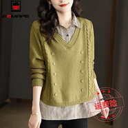 AEMAPE襯衫領(lǐng)假兩件毛衣針織衫女士秋冬2025新款時(shí)尚洋氣上衣氣質(zhì)女裝 橄欖綠 3XL 145-160斤