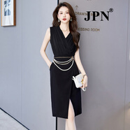 JPN香港潮牌無袖V領(lǐng)連衣裙女氣質(zhì)名媛高端2025夏新款時(shí)尚撞色職業(yè)裙 黑色 M