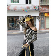 町鸞（TINGLUAN）黑白條紋斜角肩長(zhǎng)袖t恤女2025春季別致絕美 黑白條 S