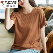 啄木鳥寬松短袖t恤女2025年新款夏季韓版蝙蝠袖大碼白色上衣半袖ins潮 棕色 S