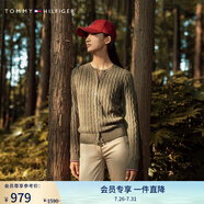 TOMMY HILFIGER【復(fù)古絞花】春秋季女裝純棉肌理感圓領(lǐng)內(nèi)搭打底衫開衫針織衫毛衣 【撞色絞花開襟】-  軍綠色RBN L （推薦：120-130斤）