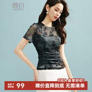 晚白2025年夏款時尚簡約氣質(zhì)洋氣短袖休閑印花高彈修身減齡透視T恤女 藍(lán)綠色 M