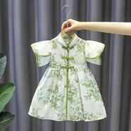 迪士尼女童漢服夏季薄款中國國風(fēng)連衣裙唐裝兒童男童儒雅國學(xué)套裝表演 竹葉果綠色女童 110