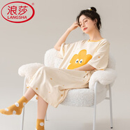 浪莎（LangSha）輕奢高端純棉睡裙女夏季短袖中長(cháng)款夏天連衣裙外穿睡衣 J637 M 帶胸墊【建議80-100斤】