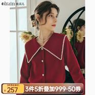 Olrain歐芮兒大翻領(lǐng)毛衣女春裝新款復古泡泡袖上衣 紅色 S