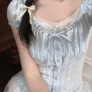 微光里一字肩上衣半裙套裝女夏季芭蕾風甜美軟妹系穿搭純欲學院風兩件套 藍色襯衫＋白色半身裙 M