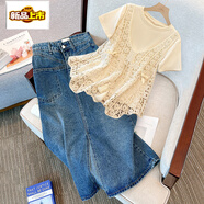 初徑夏季減齡一整套穿搭大碼胖mm洋氣鉤花鏤空背心t恤牛仔半身裙套裝 搭配版今年流行兩件套/干練氣質(zhì) 2XL 大(建議140-160斤)