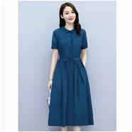 恒源祥純棉連衣裙女2024夏季新款氣質(zhì)媽m媽減齡純色顯瘦棉麻長(cháng)款裙子 湖藍色 L (建議105-115斤 )