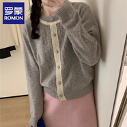 羅蒙（ROMON）針織衫女春秋新款韓版紅色開(kāi)衫毛衣女拼接復古減齡小香風(fēng)上衣女 灰色 均碼 (適合80-140斤)