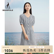 beanpole【度假連衣裙】濱波  春夏女士簡約泡泡紗格紋V領(lǐng)連衣裙 藏青色 L 170/92A