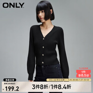 ONLY夏季簡約燈籠袖V領(lǐng)短款開衫毛衣針織衫女|12413B009 H1Z 黑色 M (165) 84A