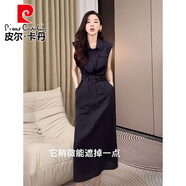 皮爾卡丹輕熟氣質連衣裙女2025夏季新款翻領收腰顯瘦設計感開叉無袖襯衫裙 黑色 S