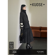 闊色（kuose）假兩件毛衣拼接紗裙連衣裙女秋冬季新款黑色長裙子圍巾 連衣裙黑色 S