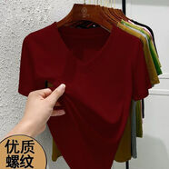 優(yōu)斯宸單/兩件 網(wǎng)紅爆款通勤簡(jiǎn)約溫柔短袖易搭配優(yōu)質(zhì)螺紋V領(lǐng)精致女裝潮 酒紅色【單件裝】 M  【建議95斤以?xún)取?
                                         title=