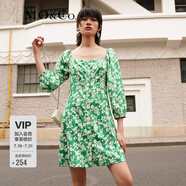 MO&Co.春季法式碎花溫柔泡泡袖方領(lǐng)連衣裙MBB1DRS042moco 綠底碎花 S 160