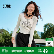 森馬長袖T恤女短款蝴蝶結字母春秋溫柔蕾絲緊身上衣107624101001