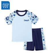 真維斯兒童泳衣套裝男孩泳褲2025新款6-12歲女童分體速干中大童游泳夏裝 航海藍 藍夏天字母硅膠印XS 110