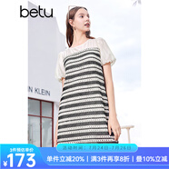 百圖betu女裝夏季新款連衣裙泡泡袖條紋拼接雪紡短裙女2405T66 黑白條 L