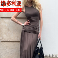 維多利亞的格調復古港風(fēng)純欲辣妹無(wú)袖背心裙收腰系帶長(cháng)裙歐美ins御姐連衣裙薄款 褐色 S