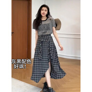 韓璐嬌（hanlujiao）夏季女裝2025新款茶系穿搭一整套裝女設(shè)計(jì)感高腰顯瘦連衣裙子夏天 灰色上衣+長格子裙 XL