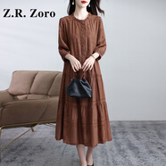Z.R.Zoro奢侈品真絲連衣裙女2025夏季新款復古刺繡顯瘦文藝范裙桑蠶絲裙女 咖色 M