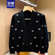 羅蒙（ROMON）歐美輕奢刺繡蜜蜂針織衫外套男冬季加厚潮流個(gè)性修身開(kāi)衫毛衣男款 黑色 XL 145-155斤