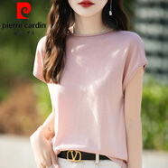 皮爾卡丹（pierre cardin）夏季新款針織衫短袖女薄款歐貨薄恤夏天桑蠶真絲上衣 淺粉色 L 105-120斤