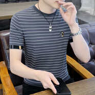七匹狼（SEPTWOLVES）針織短袖t恤男夏季潮牌百搭冰絲條紋體恤修身半袖圓領(lǐng)夏天衣服薄T 藍(lán)灰 M 90-105斤