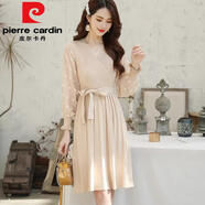 皮爾卡丹（pierre cardin）連衣裙女秋冬新品韓版V領(lǐng)雪紡長(zhǎng)袖針織拼接系帶顯瘦中長(zhǎng)款a字裙子 卡其色 S 建議95以下