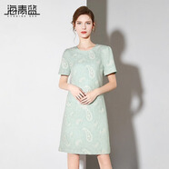 海青藍短袖連衣裙女夏2025新款高級印花時尚氣質女裝中長款裙子 藍色 2XL