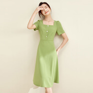 尚都比拉短袖連衣裙女夏季赫本風通勤裙子中長A字裙 綠色122L40507X  M