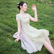 煙花燙618新品 煙花燙新中式女2025夏季新款小個子清新減齡a字裙 顧語 綠色 M (建議100-110斤)