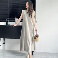 伊琦蕾天然棉麻連衣裙夏季圓領(lǐng)簡(jiǎn)約寬松氣質(zhì)純色休閑無(wú)袖長(cháng)款背心長(cháng)裙 西田-云灰 均碼 130長(cháng)度 身高165c以上
