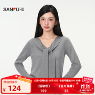 三福毛衣2025秋季綁帶V領(lǐng)蕾絲拼接下擺假兩件上衣女裝507322 淺花灰 M