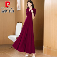 皮爾卡丹2025年秋季新款大碼高腰長(cháng)袖連衣裙氣質(zhì)修身顯瘦時(shí)尚大擺裙過(guò)膝裙 酒紅色 2XL