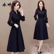 水畔衣人高檔襯衣領(lǐng)連衣裙女2025春秋季新款時(shí)尚媽媽裝中長(cháng)款修身顯瘦裙子 藏藍色 XL 【建議110-120斤】