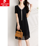 皮爾卡丹（pierre cardin）mm氣質(zhì)V領(lǐng)醋酸連衣裙女士夏2025新款遮肉顯瘦休閑黑色雪紡裙女裝 黑色 2XL
