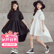 招晴瑜女童連衣裙夏2025新款中大童短袖翻領襯衣裙前短后長個性燕尾裙子 1886白色-12青少年9少女10 130 cm-12青少年9少女10