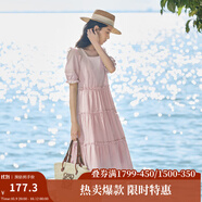 茵曼（INMAN）七七同款連衣裙2025夏女裝新款田園純棉提花方領(lǐng)A字泡泡袖蛋糕裙 皮粉色 L