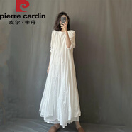 皮爾卡丹2025秋季森女日系棉麻連衣裙女長袖白色仙女大擺亞麻袍子長裙 白色 均碼