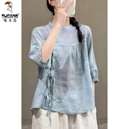 啄木鳥(niǎo)復古斜門(mén)襟亞麻襯衫女短袖夏季系帶寬松顯瘦上衣純色減齡棉麻小衫 藍色 2XL 【145-160斤】